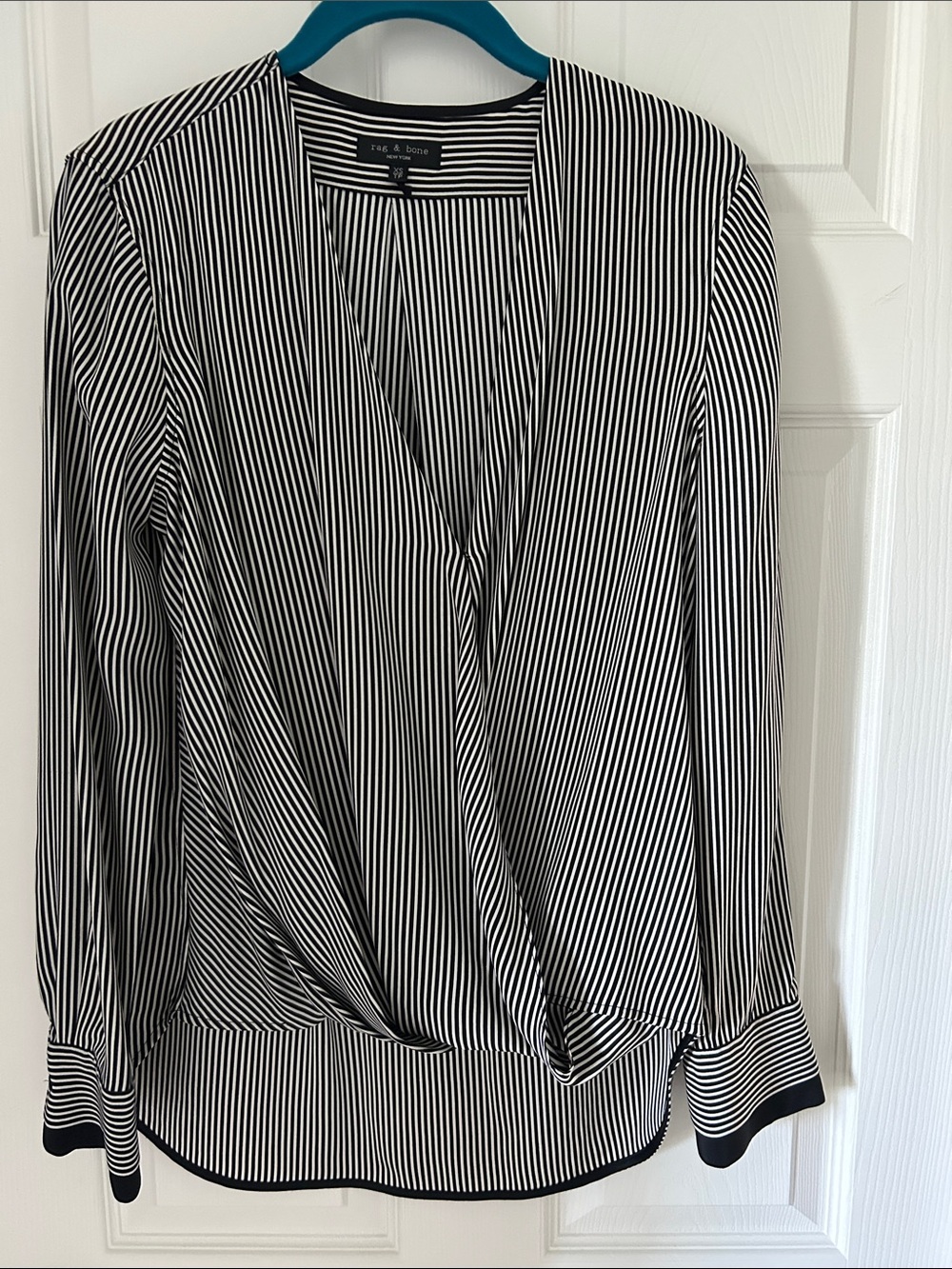 rag & bone Black and White Vertical Stripe Wrap-Style SILK Blouse